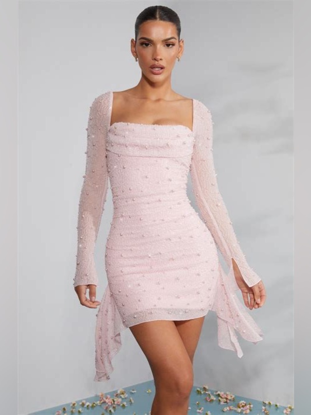 Oh Polly Blush Pink Pearl-Embellished Long-Sleeve Mini Dress